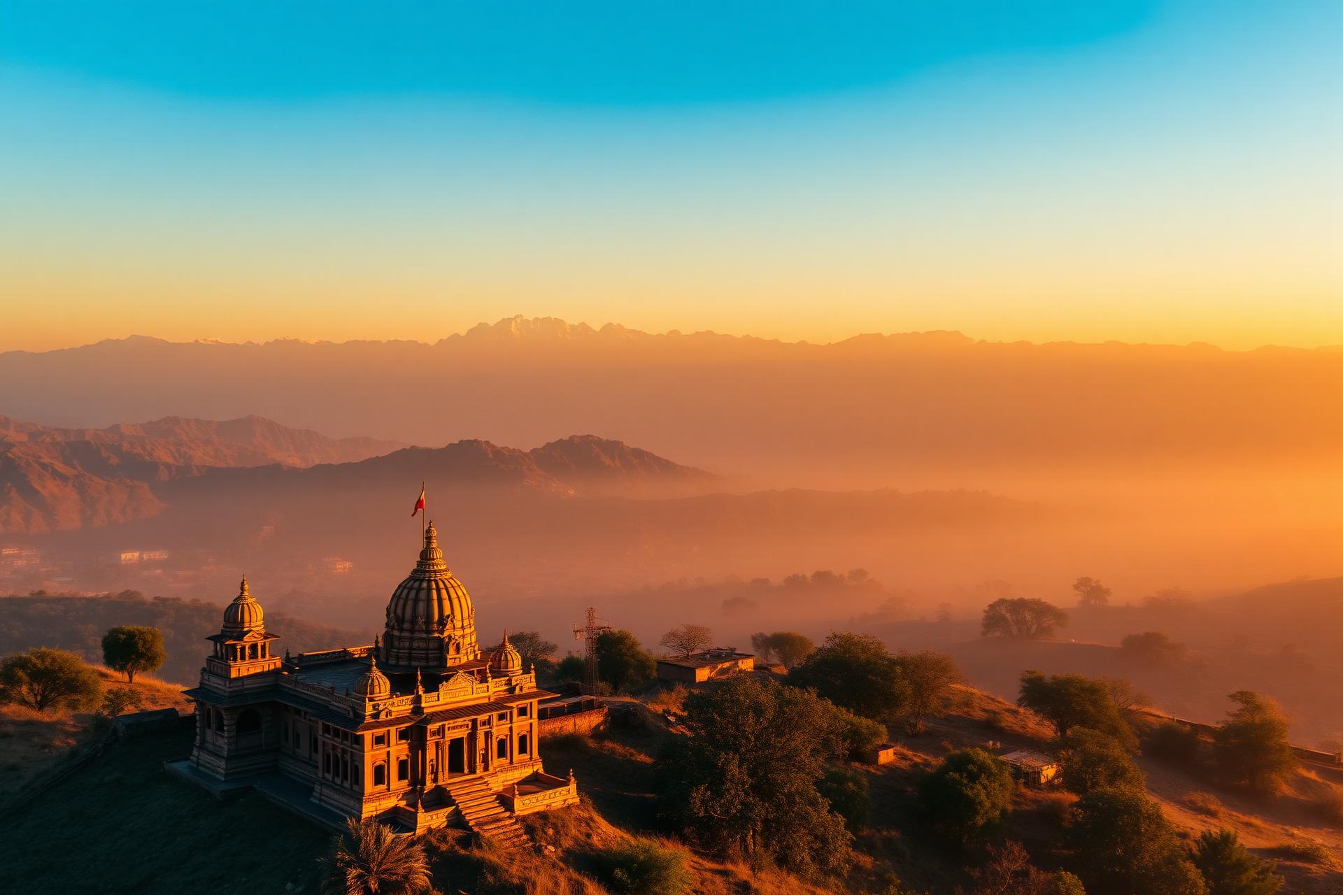 Temple at dawn with Himalayan range in the distance